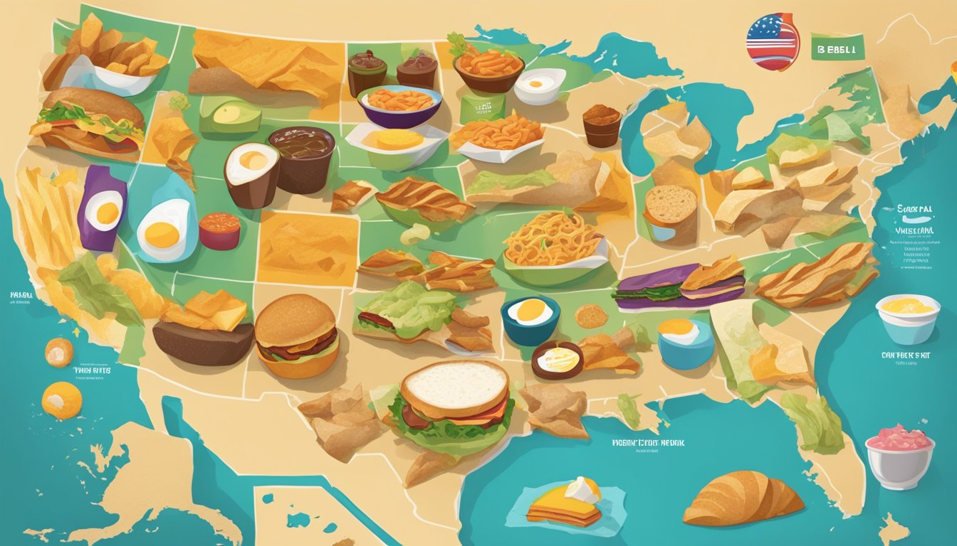 A map of the United States with various breakfast items from Taco Bell's menu depicted in each region, showcasing the regional taste comparison