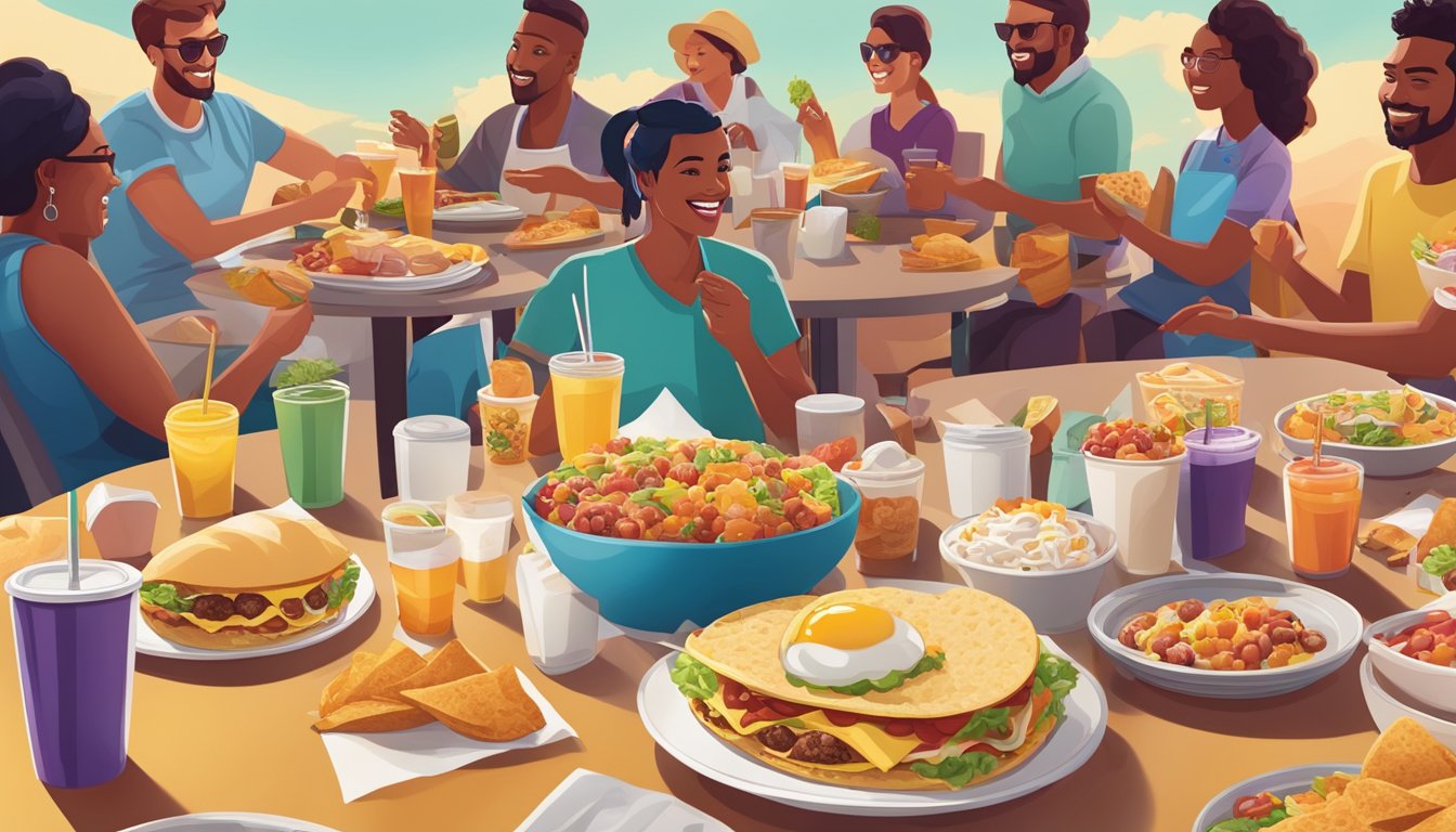 A colorful Taco Bell breakfast spread surrounded by happy customers enjoying their meals