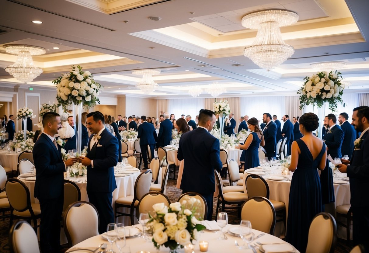 A bustling wedding venue with elegant decorations and a busy staff coordinating the event