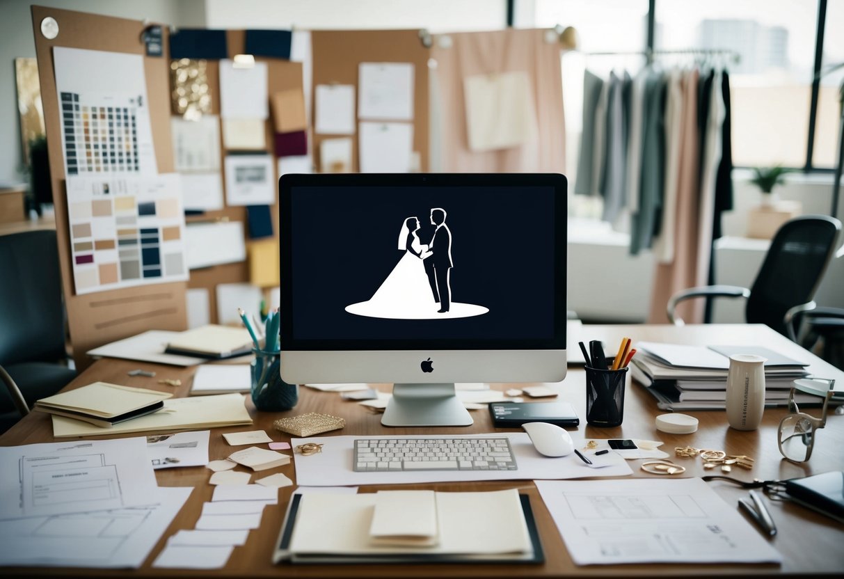 A bustling wedding planning office with mood boards, fabric swatches, and sketches scattered across the desk. A bride and groom silhouette on a computer screen