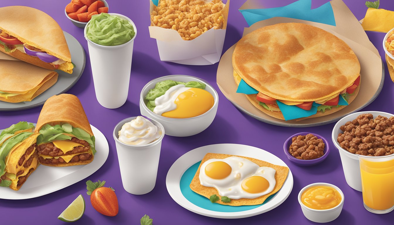 A colorful spread of breakfast items from Taco Bell's menu, including various regional options and their corresponding nutritional information