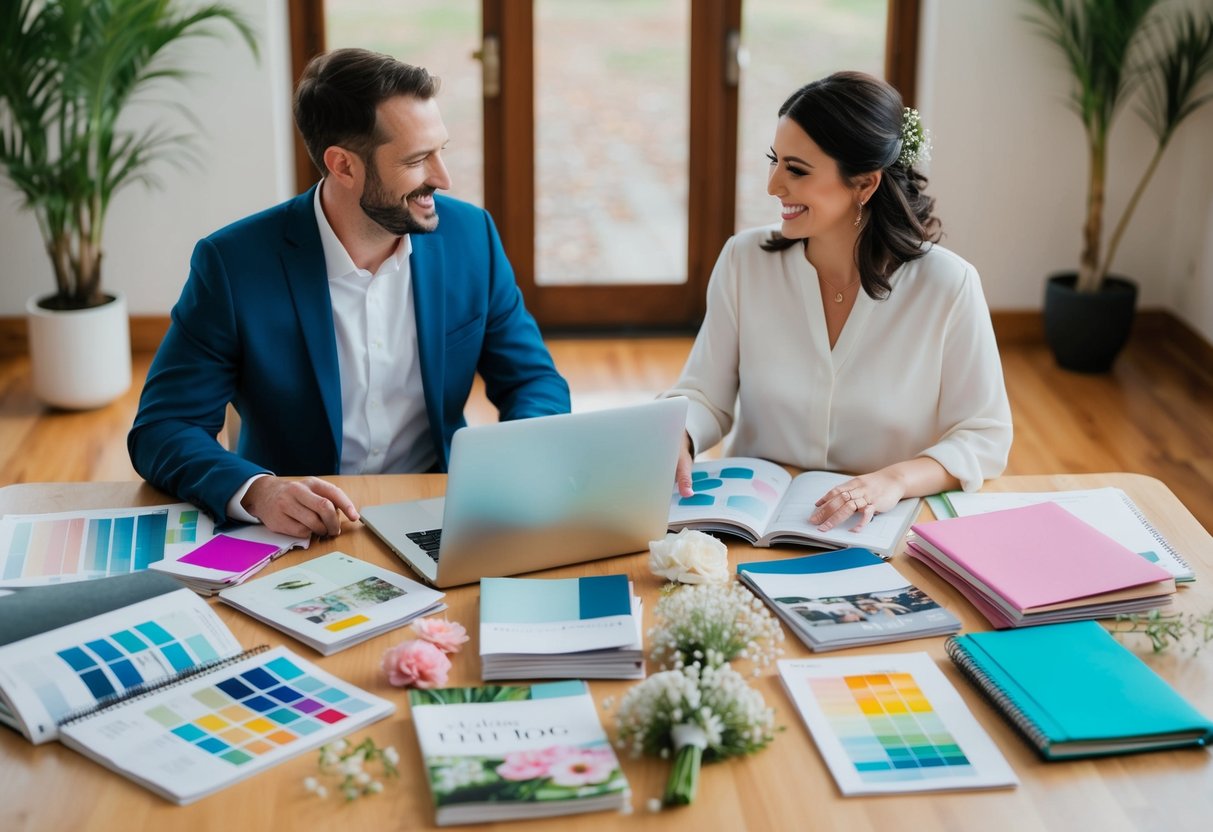 A couple sits at a table covered in wedding magazines, notebooks, and a laptop. They are surrounded by color swatches, flower samples, and budget spreadsheets