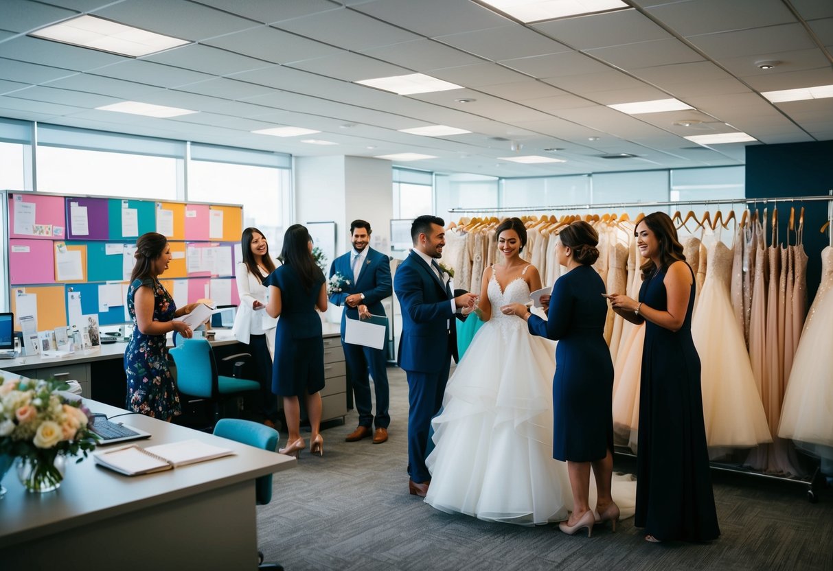 A bustling wedding planning office with colorful mood boards and racks of bridal gowns. A team of busy staff members coordinating details and interacting with excited clients