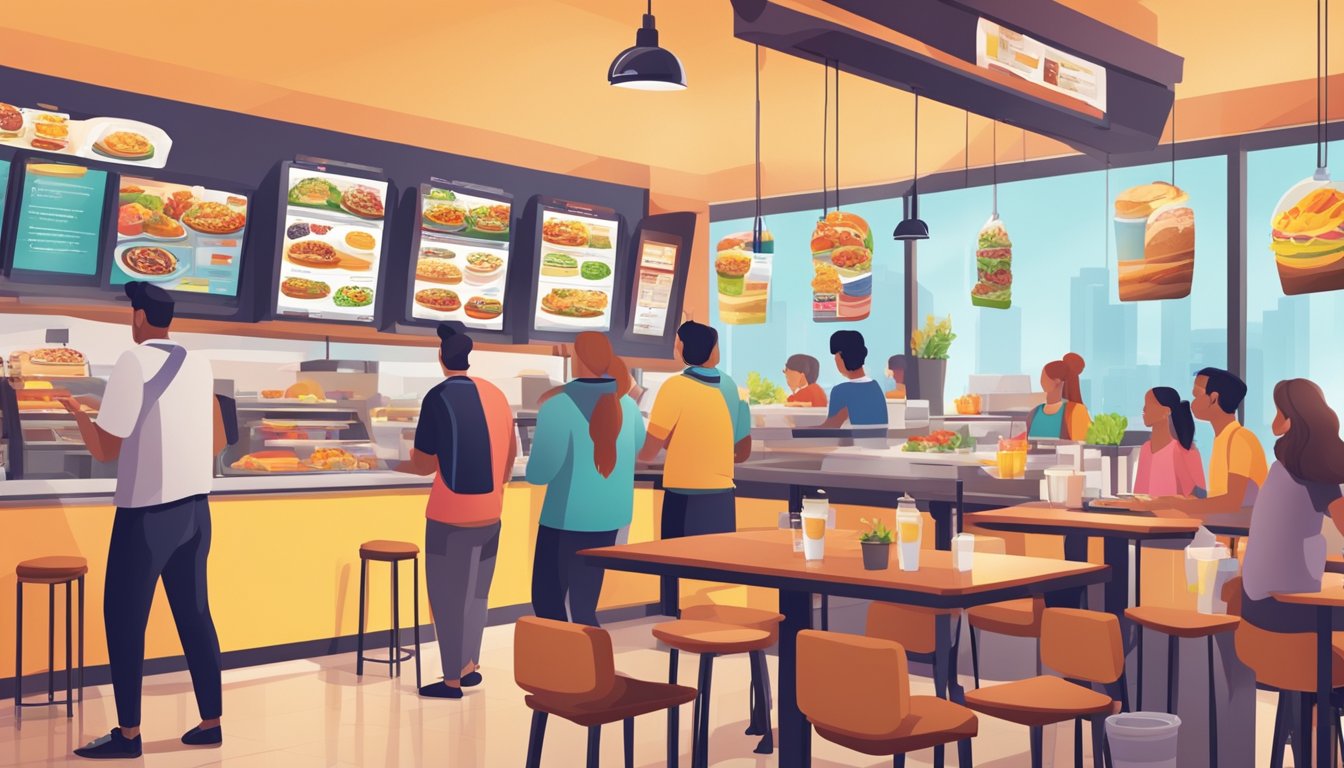 A bustling fast-food restaurant with a colorful and inviting breakfast menu displayed on digital screens above the counter. Customers eagerly ordering and enjoying their morning meals