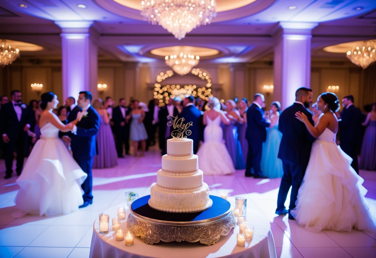 A bustling wedding reception with elegant decorations, a grand cake, and a lively dance floor