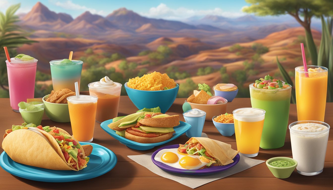 A colorful array of breakfast items from Taco Bell's menu, paired with various regional beverages, set against a backdrop of diverse landscapes