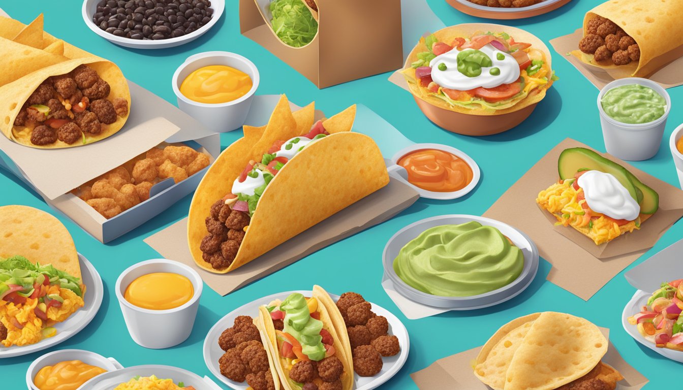 A colorful spread of Taco Bell breakfast items from different regions, showcasing a variety of flavors and ingredients