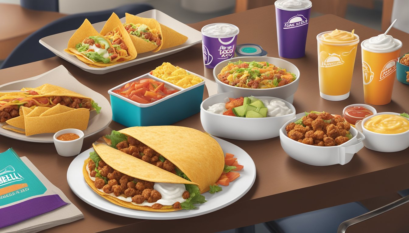 A colorful spread of Taco Bell breakfast items, including regional specialties, displayed on a table with branded signage