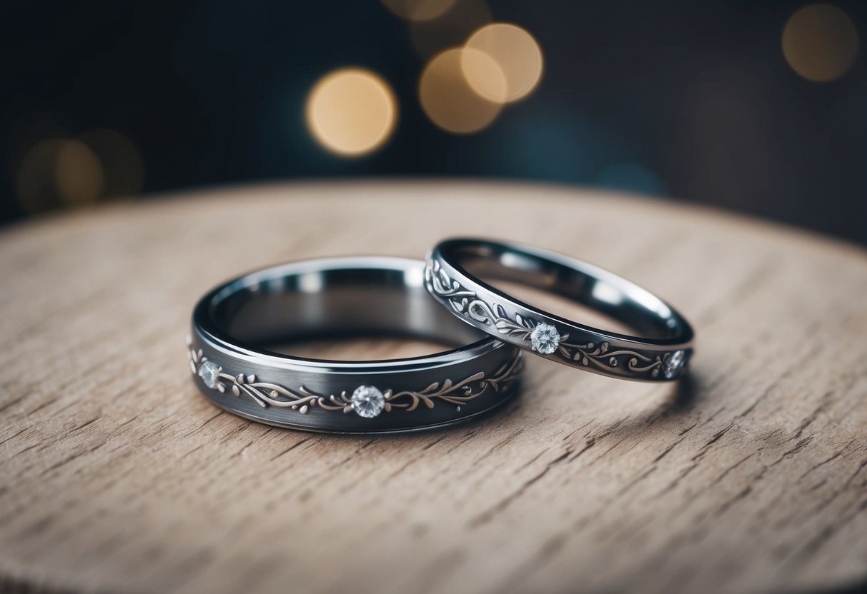 A wedding ring tattoo: two intertwined bands with delicate details, symbolizing eternal love and commitment