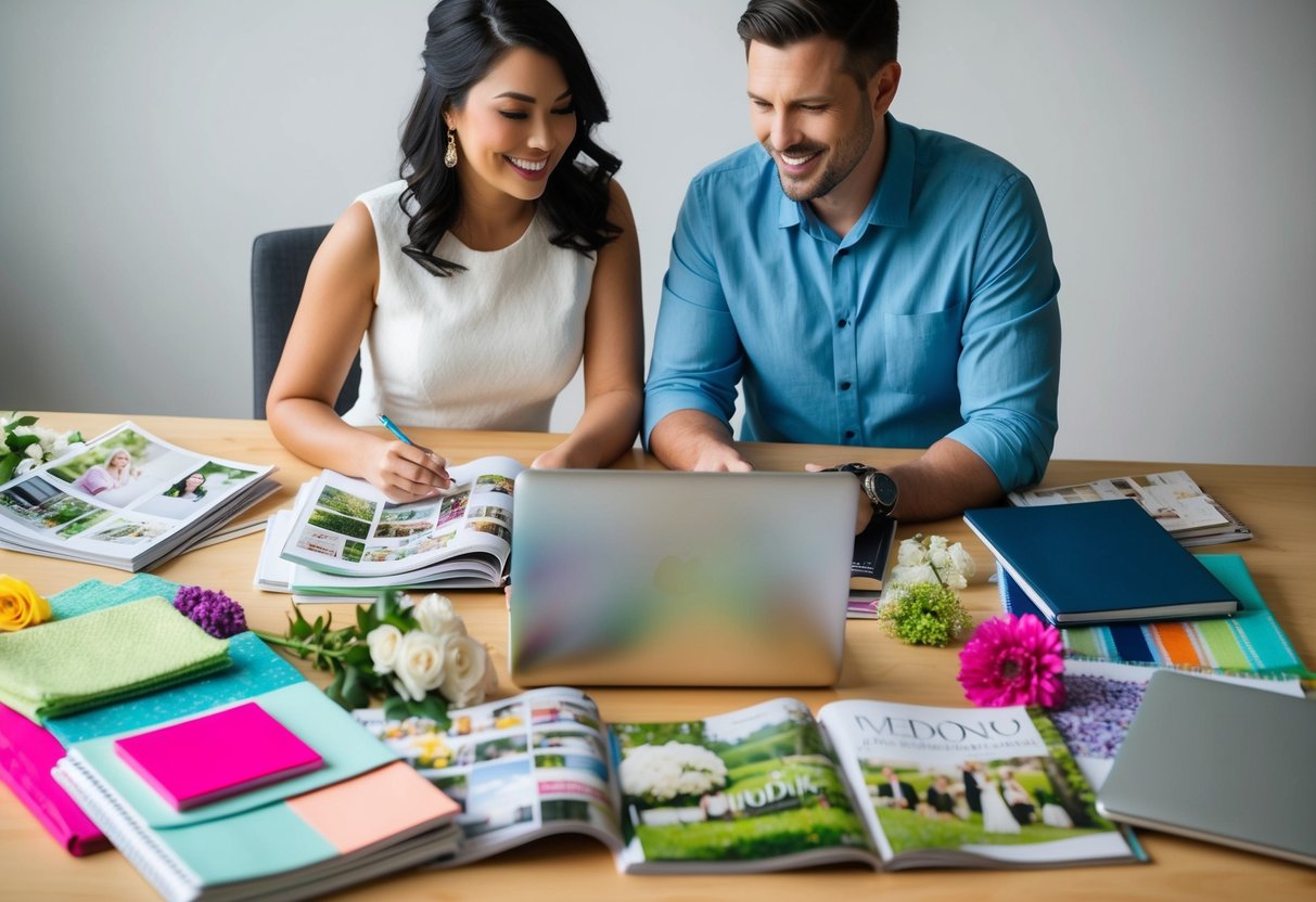 A couple sits at a table covered in wedding magazines, notebooks, and a laptop. They are surrounded by colorful swatches of fabric and samples of flowers as they plan their budget wedding