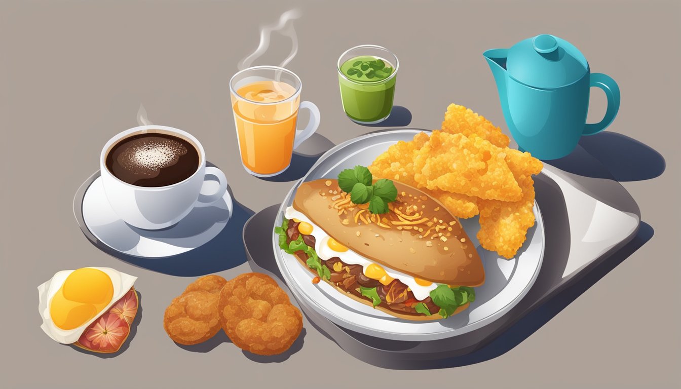 A steaming cup of coffee sits next to a colorful assortment of breakfast items, including a breakfast burrito and hash browns, on a tray