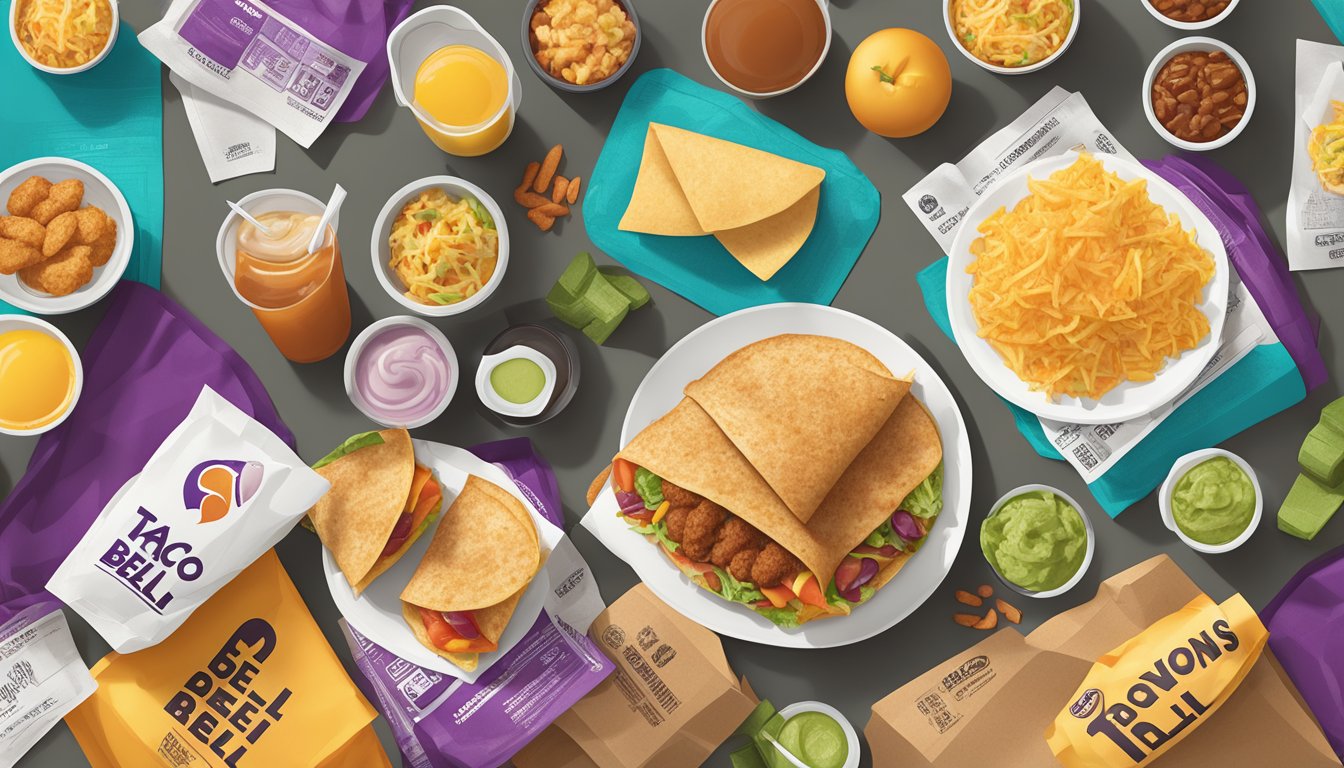 A colorful spread of breakfast items from Taco Bell, including burritos, hash browns, and breakfast tacos, arranged neatly on a table with nutrition labels visible