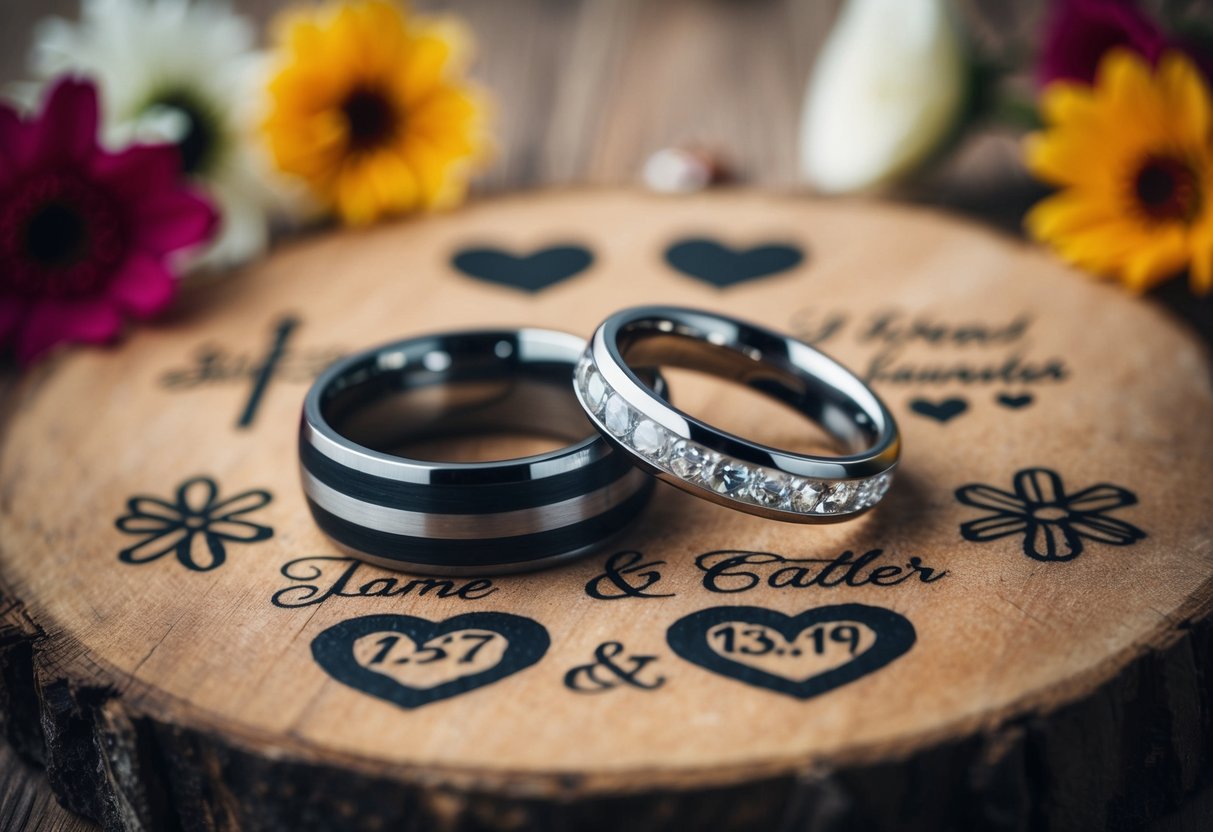A couple's wedding rings tattooed on a rustic wooden background, surrounded by symbolic elements such as flowers, hearts, and a date