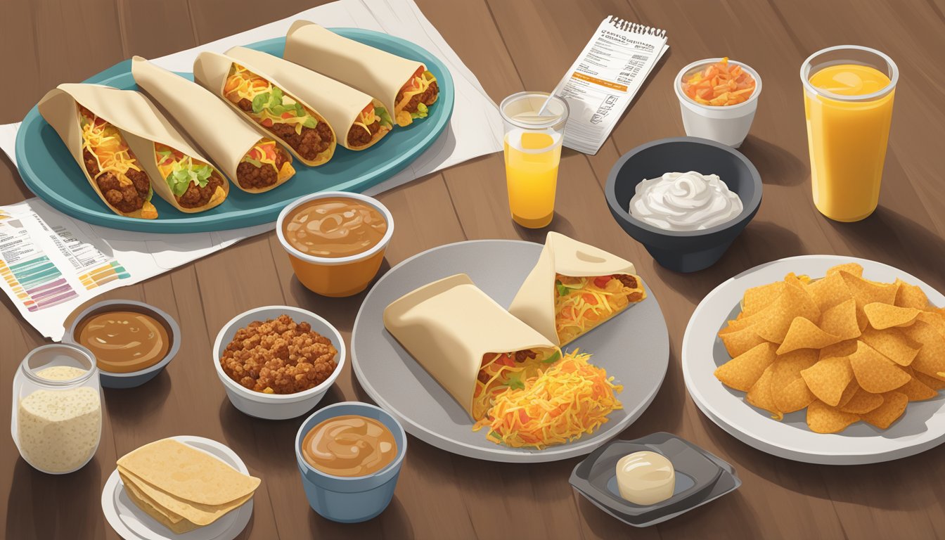 A spread of Taco Bell breakfast items, including burritos, tacos, and hash browns, arranged on a table with nutritional information displayed next to each item