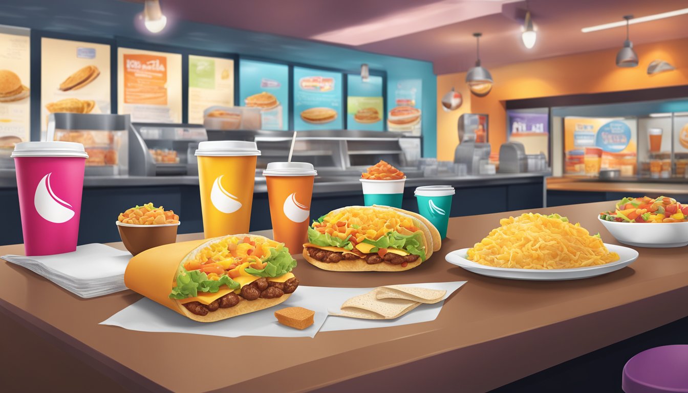 A colorful display of breakfast items and coffee cups on a Taco Bell counter