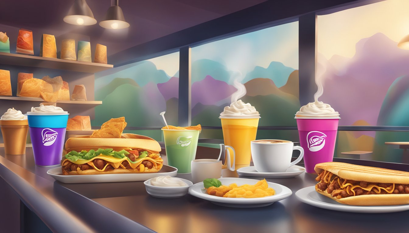 A colorful display of breakfast items and coffee cups at Taco Bell, with steam rising from the hot beverages