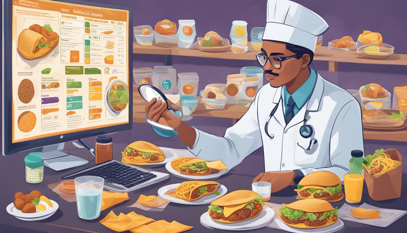 A scientist examines Taco Bell breakfast items with a magnifying glass, surrounded by nutritional charts and quality control standards