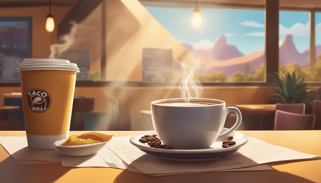 A steaming cup of coffee sits on a table next to a breakfast menu, with the Taco Bell logo in the background. The morning sun streams in through the window, casting a warm glow over the scene