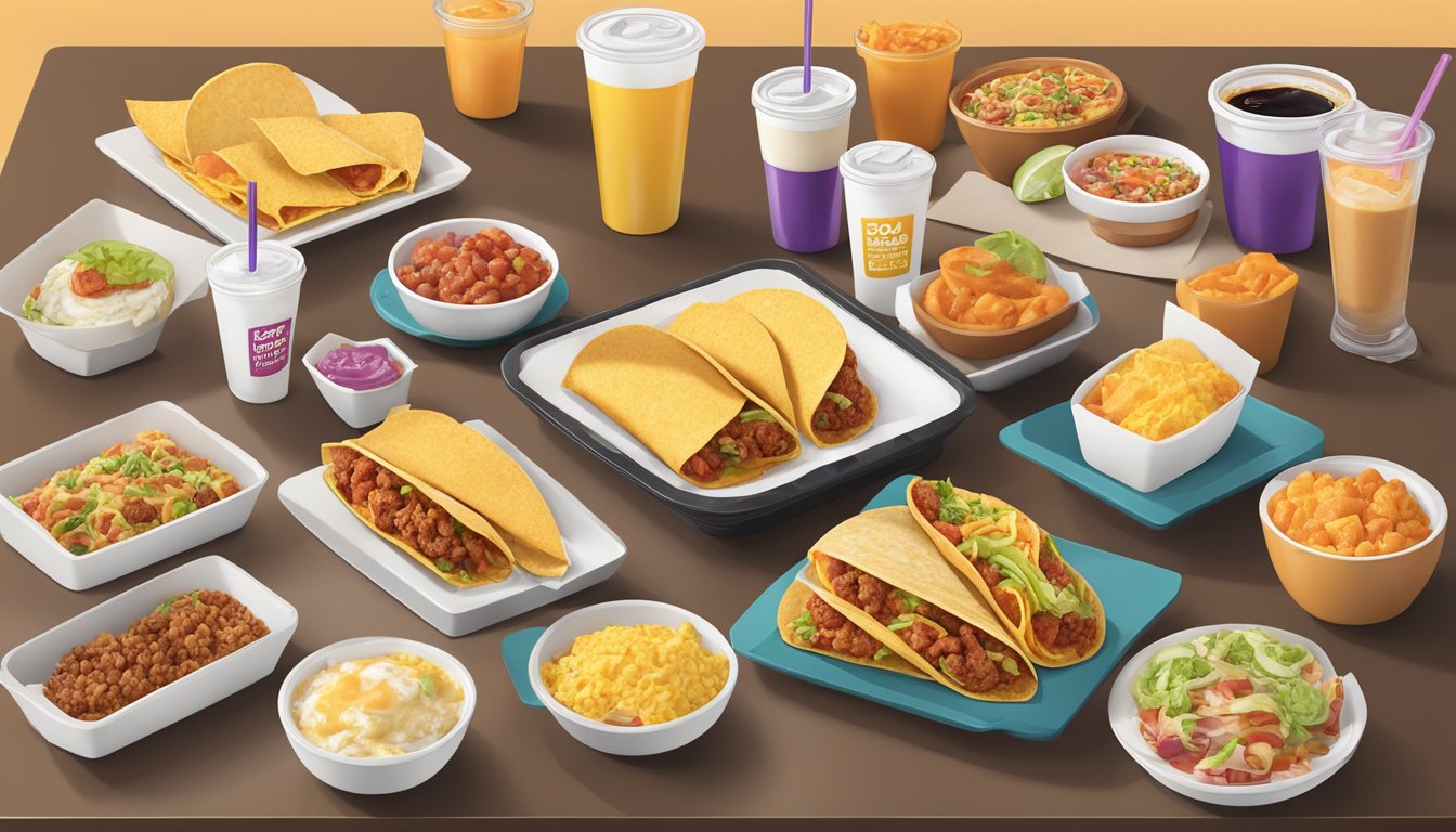 A colorful spread of Taco Bell breakfast items arranged on a table, with nutritional information displayed alongside each dish