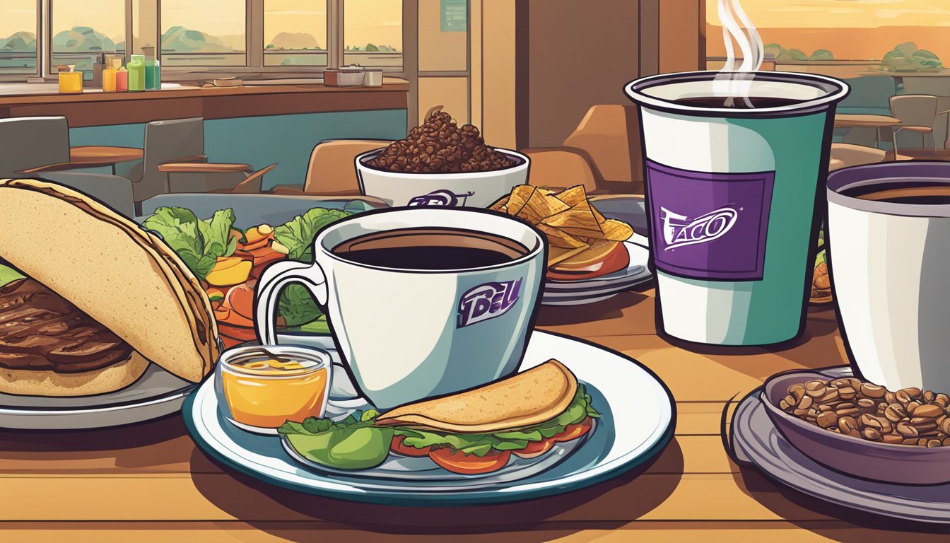 A steaming cup of coffee sits next to a variety of breakfast items on a table, with the Taco Bell logo in the background