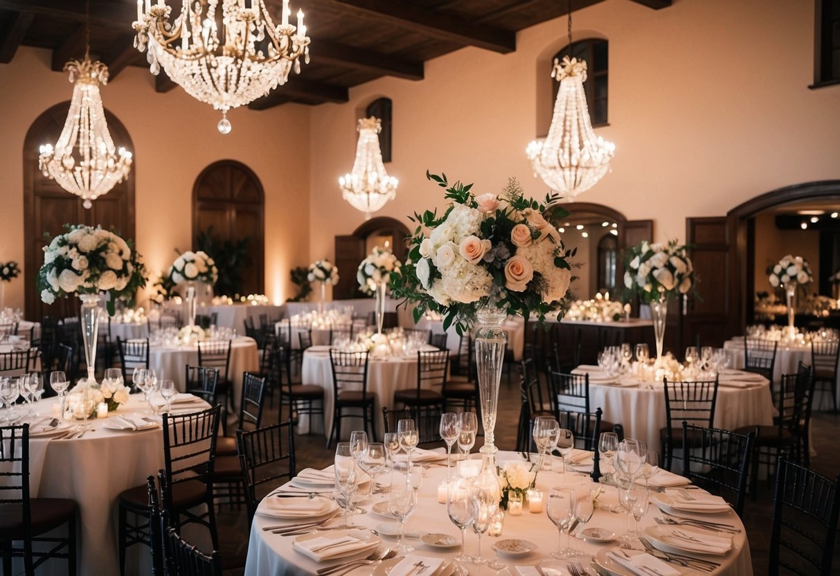 A bustling Italian wedding venue with elegant decor and a romantic atmosphere