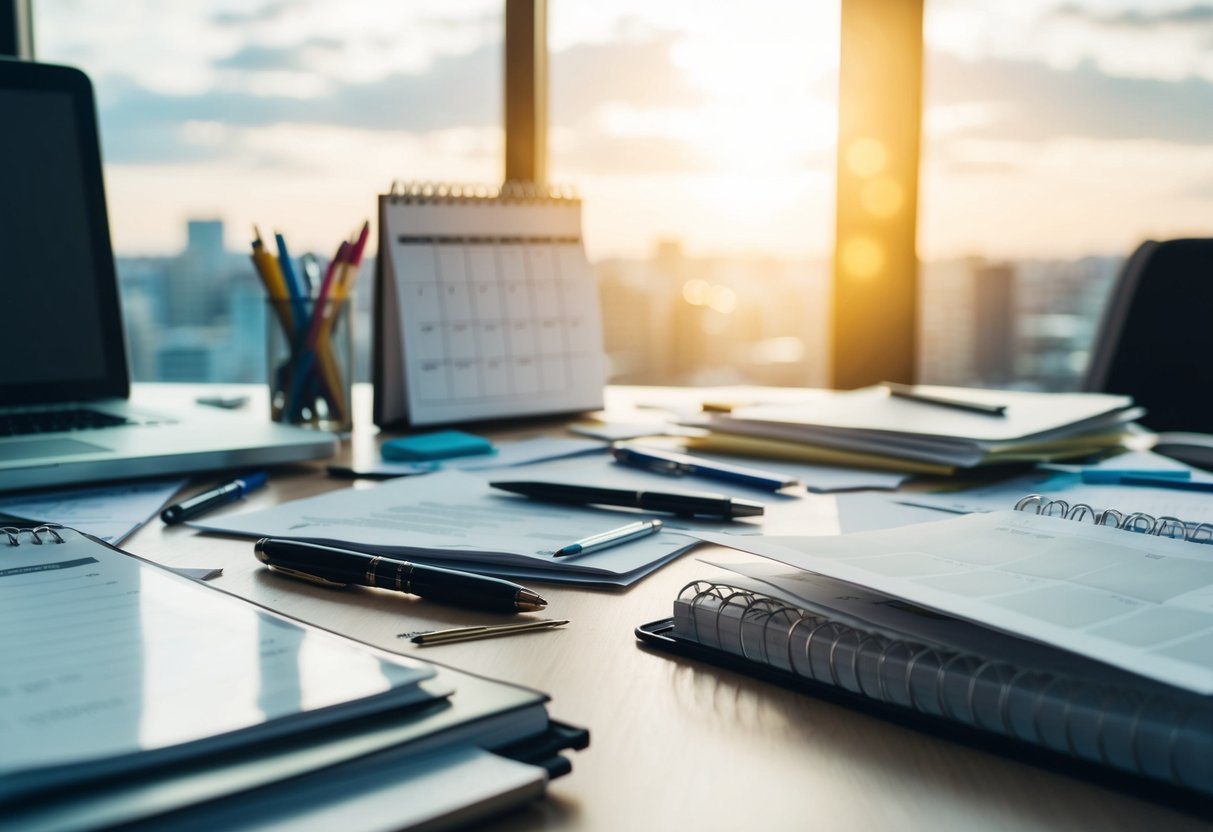 A cluttered desk with scattered papers, pens, and a chaotic calendar. An empty planner lies nearby, untouched