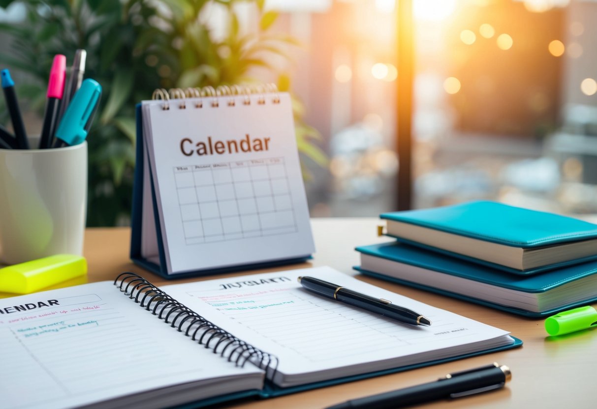 A desk with a calendar, to-do list, and notebook. Pens and highlighters are scattered around, indicating organization and planning