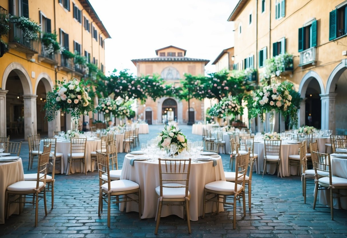 A bustling Italian wedding with a grand, floral-filled piazza. Tables set with elegant place settings and a charming, cobblestone street in the background