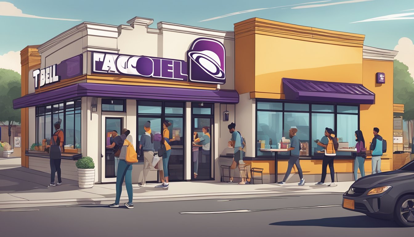 A bustling Taco Bell restaurant with a line of customers out the door, featuring prominent social media logos and branding on the storefront