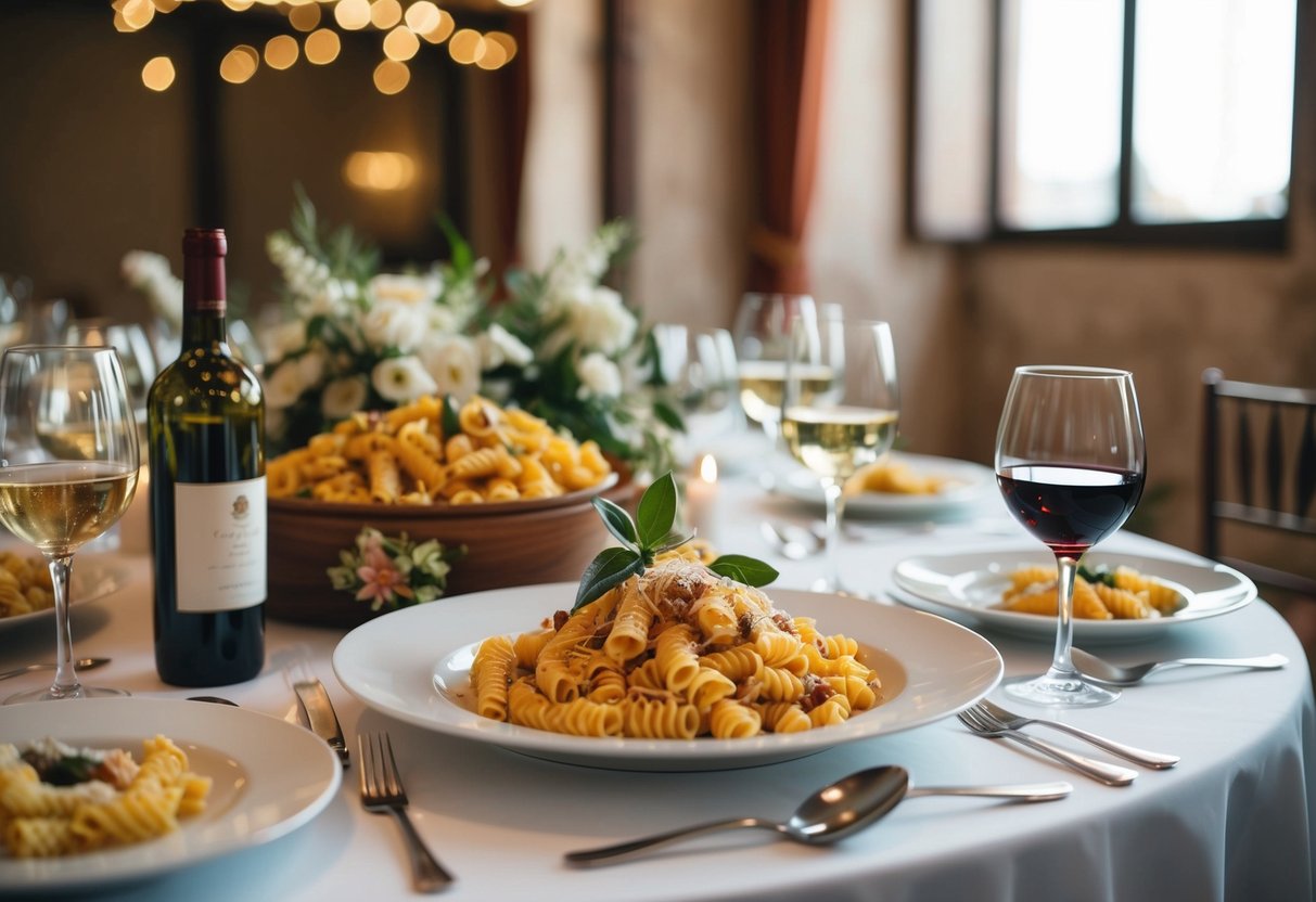 A traditional Italian wedding feast with decorative pasta, wine, and music
