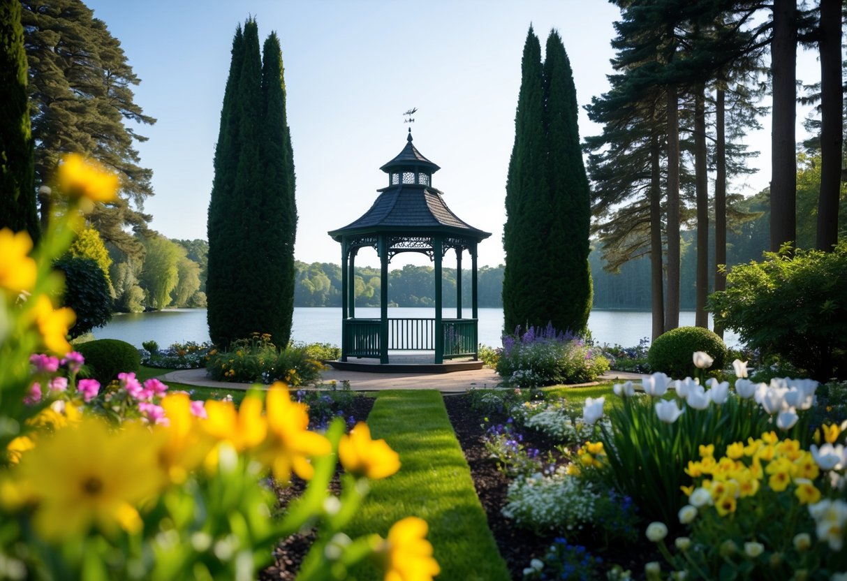 A picturesque garden with a gazebo and blooming flowers, surrounded by tall trees and a serene lake in the background