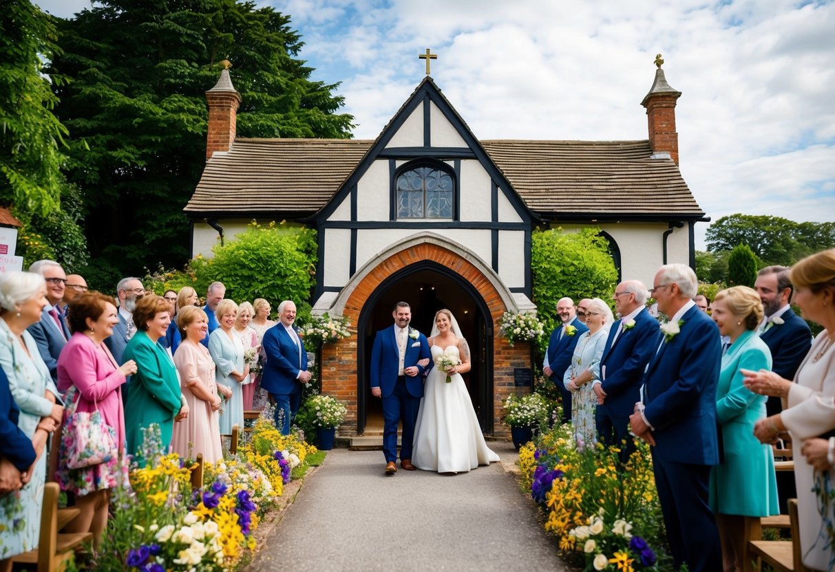A couple stands at the entrance of a quaint English church, surrounded by lush greenery and colorful flowers, as a cheerful crowd eagerly awaits their arrival