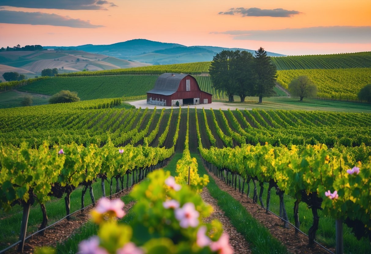 A picturesque vineyard with rolling hills and a rustic barn, surrounded by blooming flowers and lush greenery