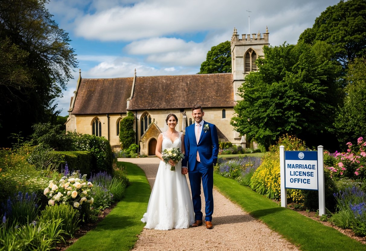 A couple stands in front of a picturesque English countryside church, surrounded by lush greenery and blooming flowers, with a sign displaying "Marriage License Office" in the background