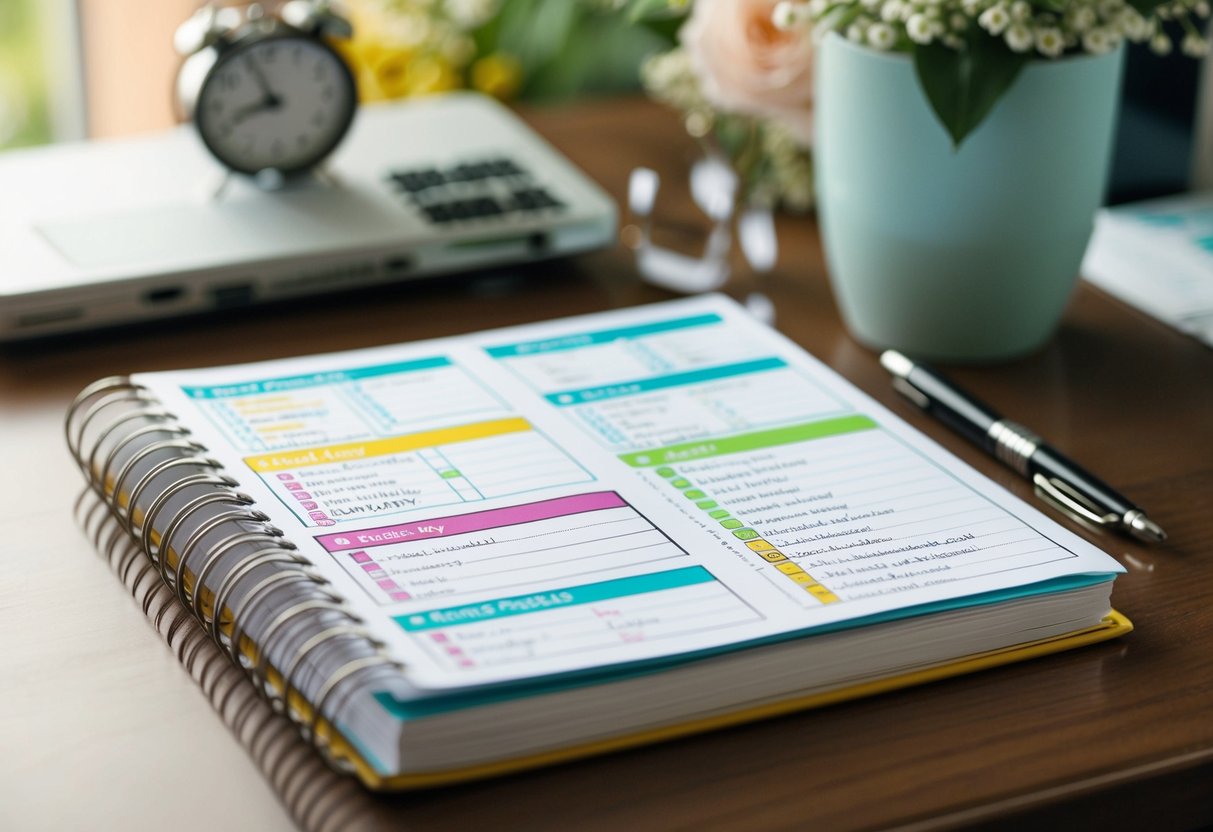 A wedding planning notebook open on a desk, filled with color-coded tabs, checklists, and calendars. A pen sits nearby for jotting down ideas