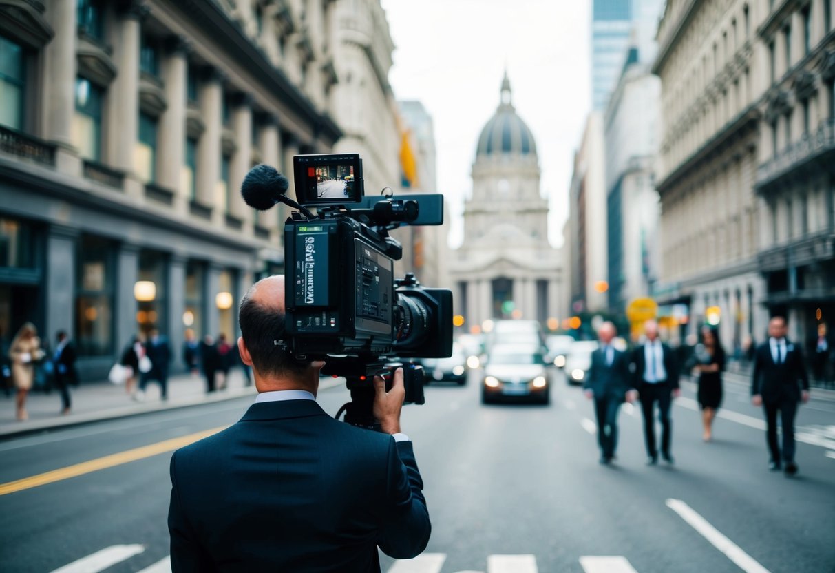 A bustling city street with a grand, ornate building in the background, where the wedding planner was filmed