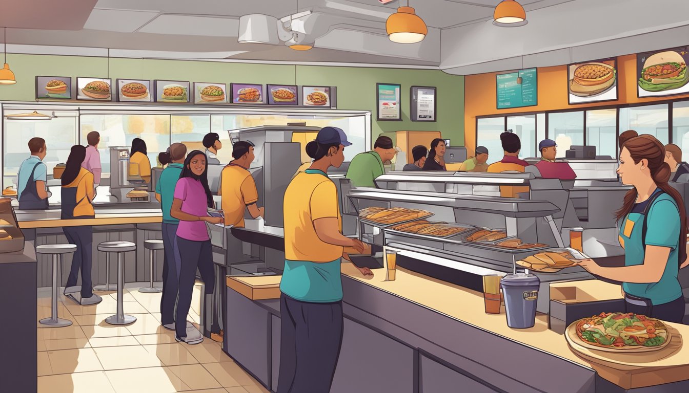 A bustling Taco Bell restaurant at breakfast time, with customers lining up at the counter and employees working quickly to prepare and serve breakfast items