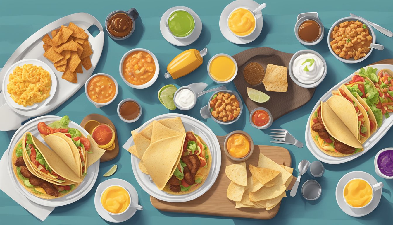 A table set with a spread of Taco Bell breakfast items on one side and traditional American breakfast items on the other, with nutritional information displayed alongside each dish