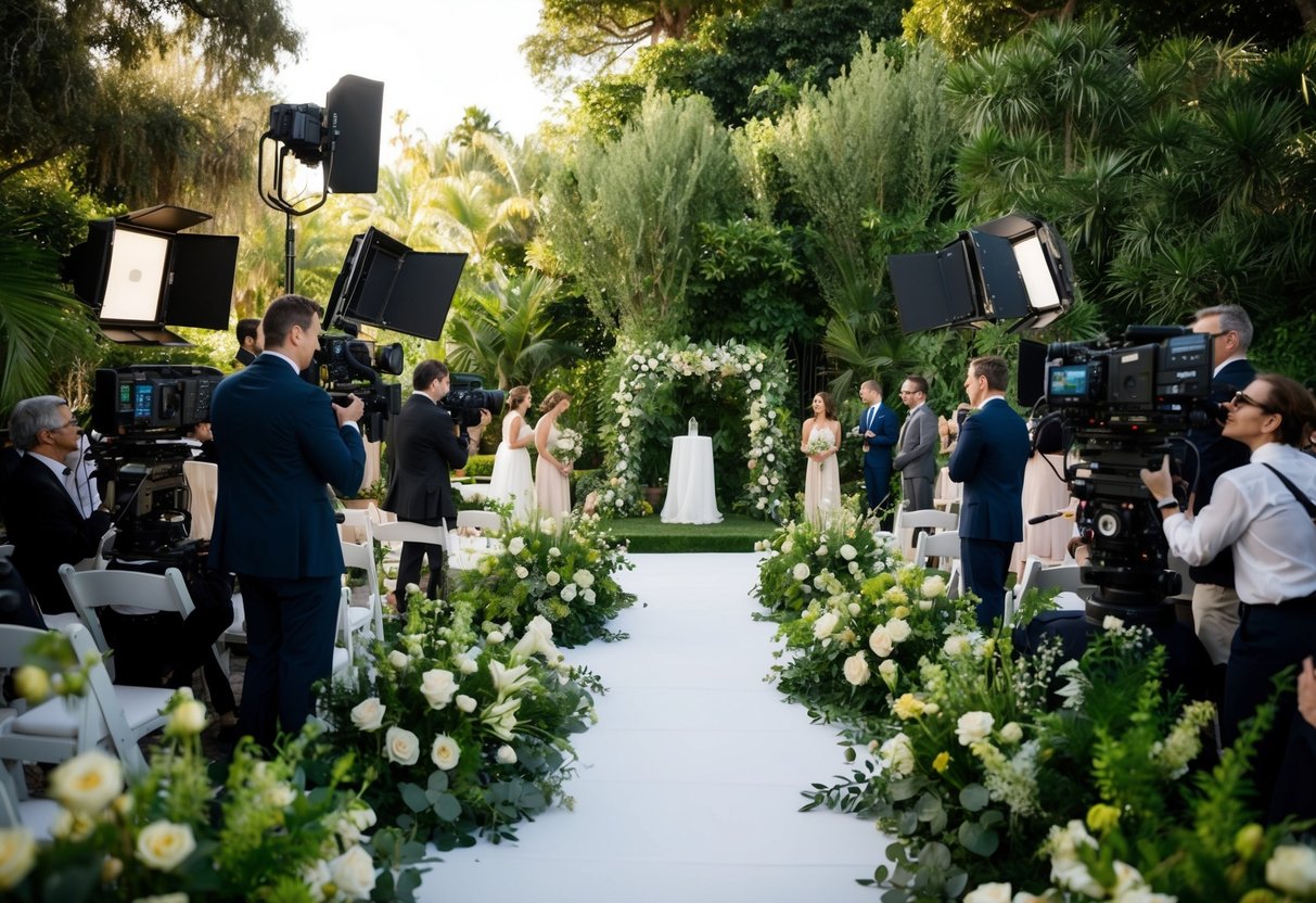 A bustling film set with cameras, lighting equipment, and a wedding altar surrounded by lush greenery and flowers