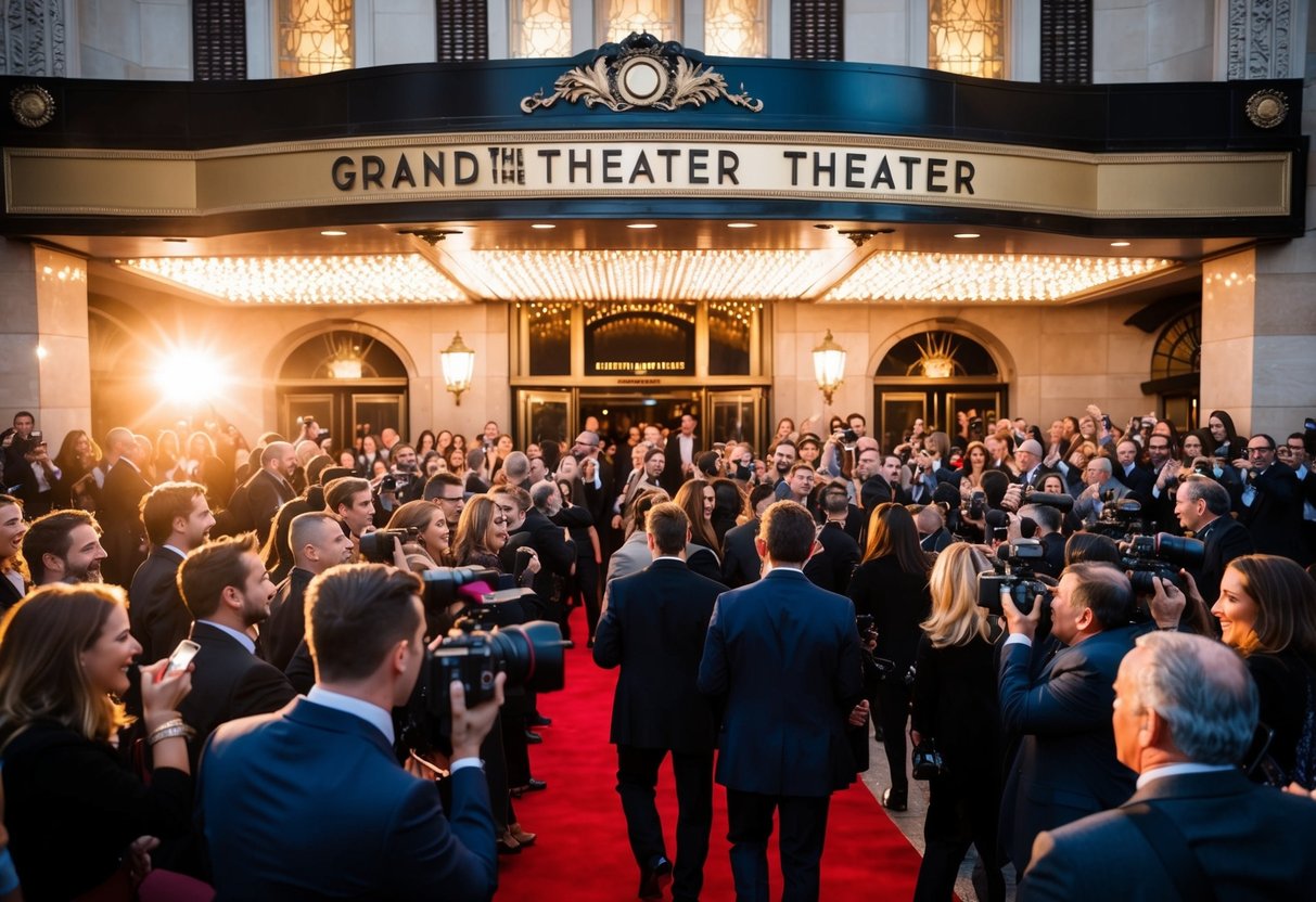 A bustling red carpet event at a grand theater entrance, with flashing cameras and a crowd of excited fans