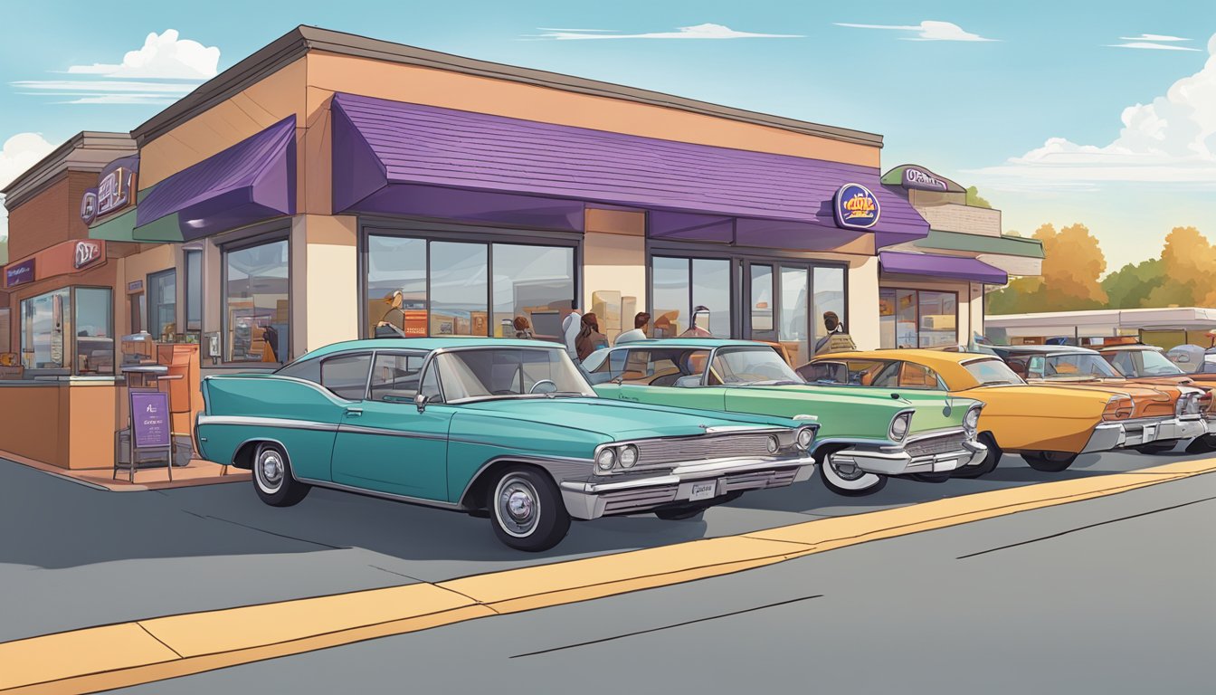 A bustling Taco Bell drive-thru with a line of cars, contrasted with a quiet diner serving classic American breakfast fare