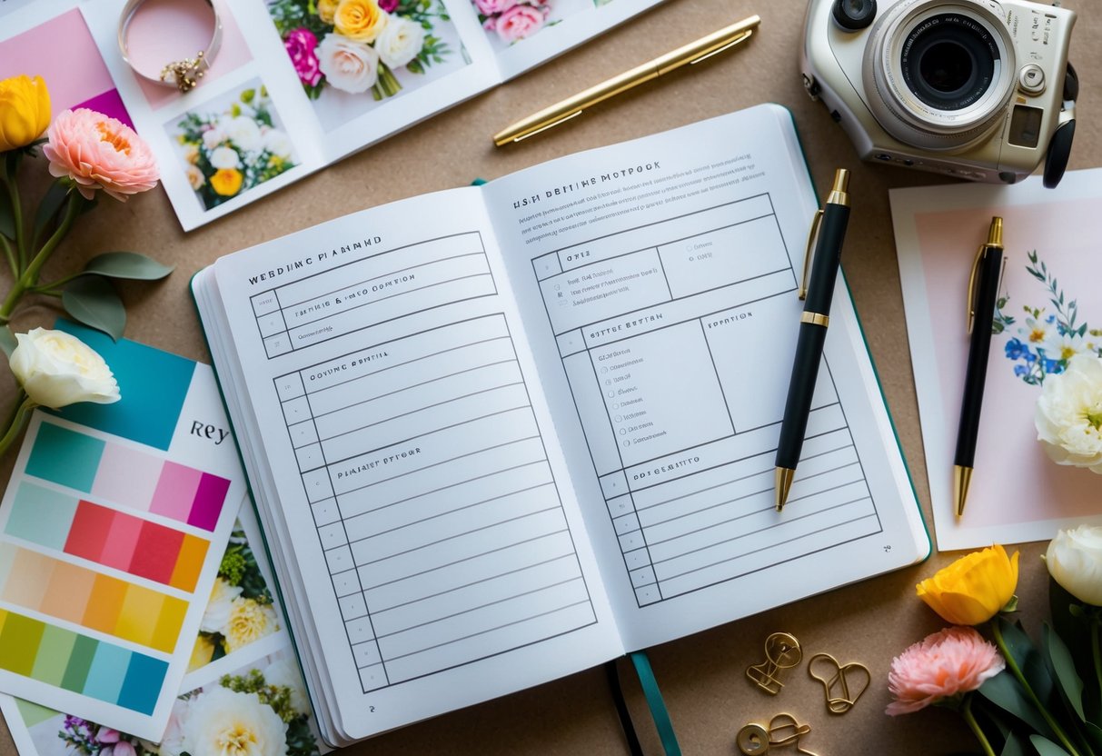 A wedding planning notebook open to a page with sections for key details and RSVPs, surrounded by colorful swatches, floral sketches, and pinned inspiration photos