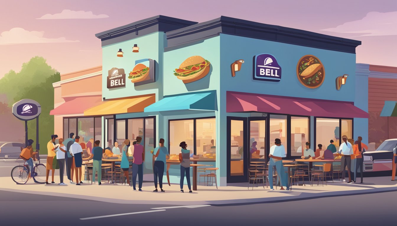 A bustling Taco Bell storefront next to a quaint American diner, both serving breakfast. Customers from diverse backgrounds line up at each, showcasing the cultural impact and regional preferences of breakfast choices