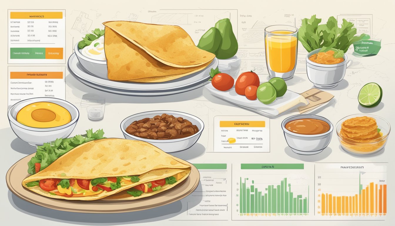 A breakfast menu with taco ingredients and pricing, surrounded by graphs and charts showing profit margins and competitive analysis