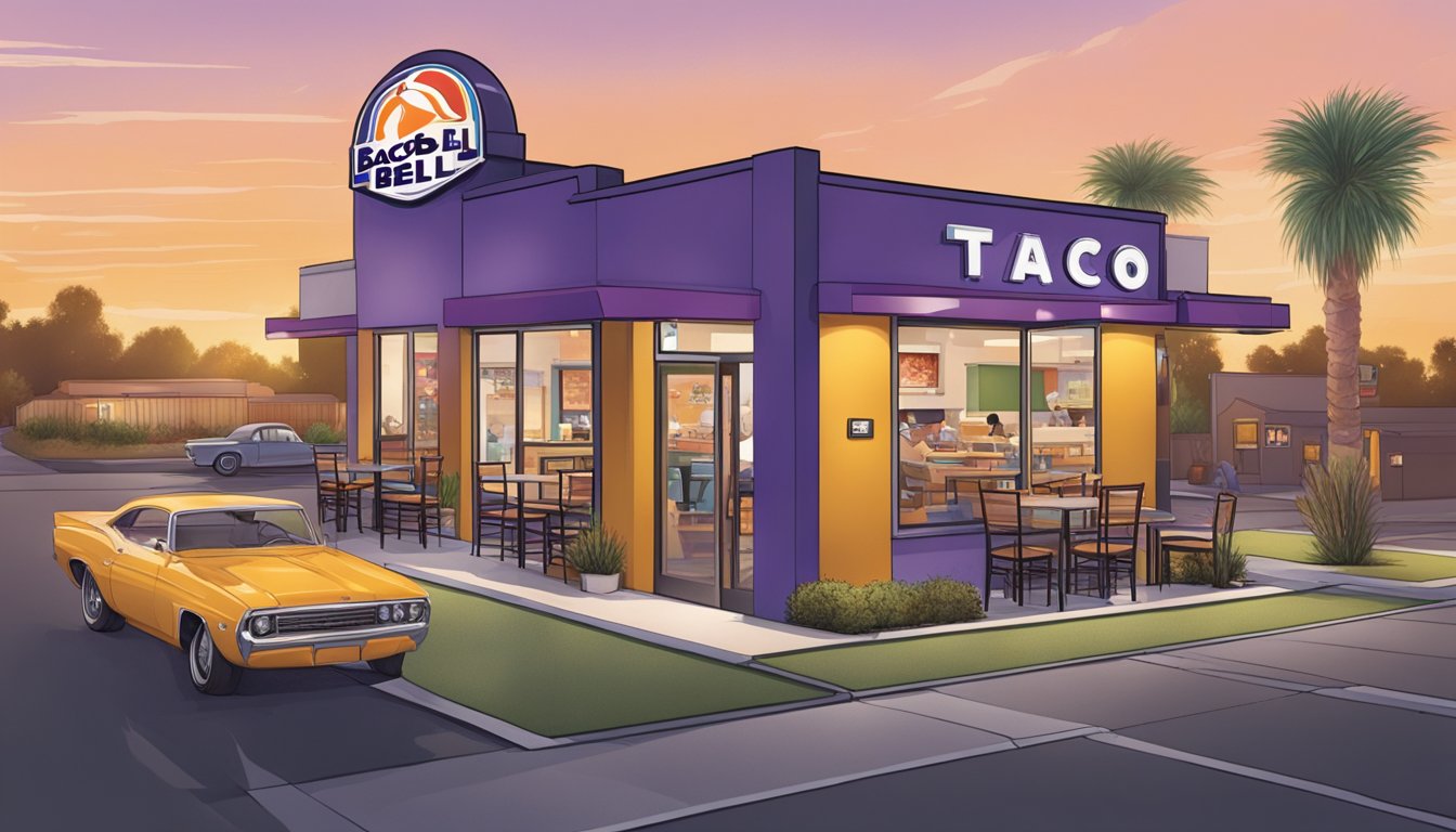 A bustling Taco Bell breakfast drive-thru contrasts with a serene traditional American breakfast diner. Customers eagerly order from the colorful menu, while others leisurely enjoy their meals at cozy booths