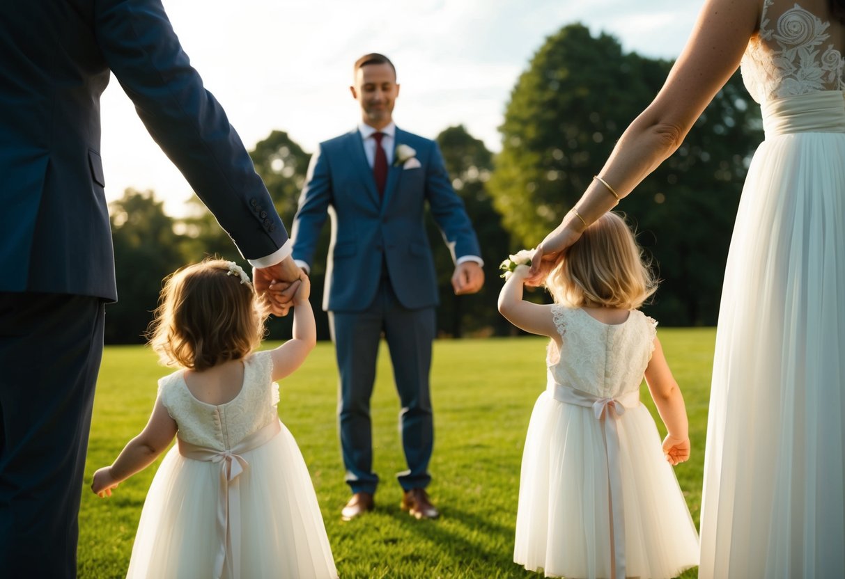 A couple holding hands with their families standing nearby, symbolizing support for a second wedding