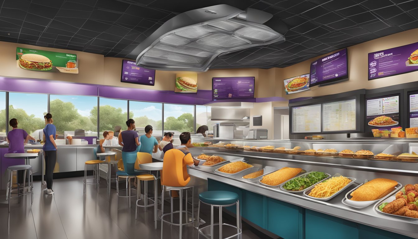 A bustling Taco Bell restaurant with various international breakfast items displayed on the menu board, representing the global presence of the brand