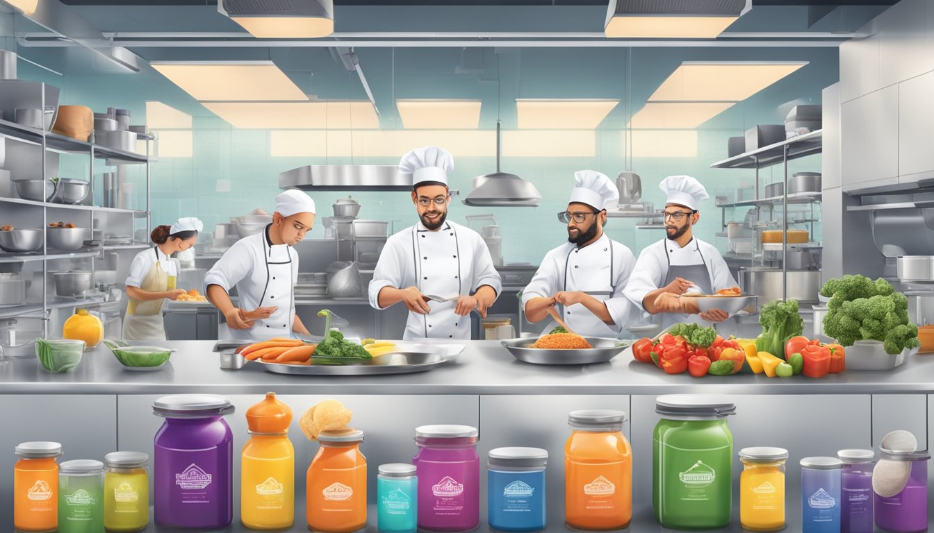 A team of chefs and food scientists experiment with various ingredients and cooking techniques in a modern test kitchen, surrounded by colorful packaging and branding materials