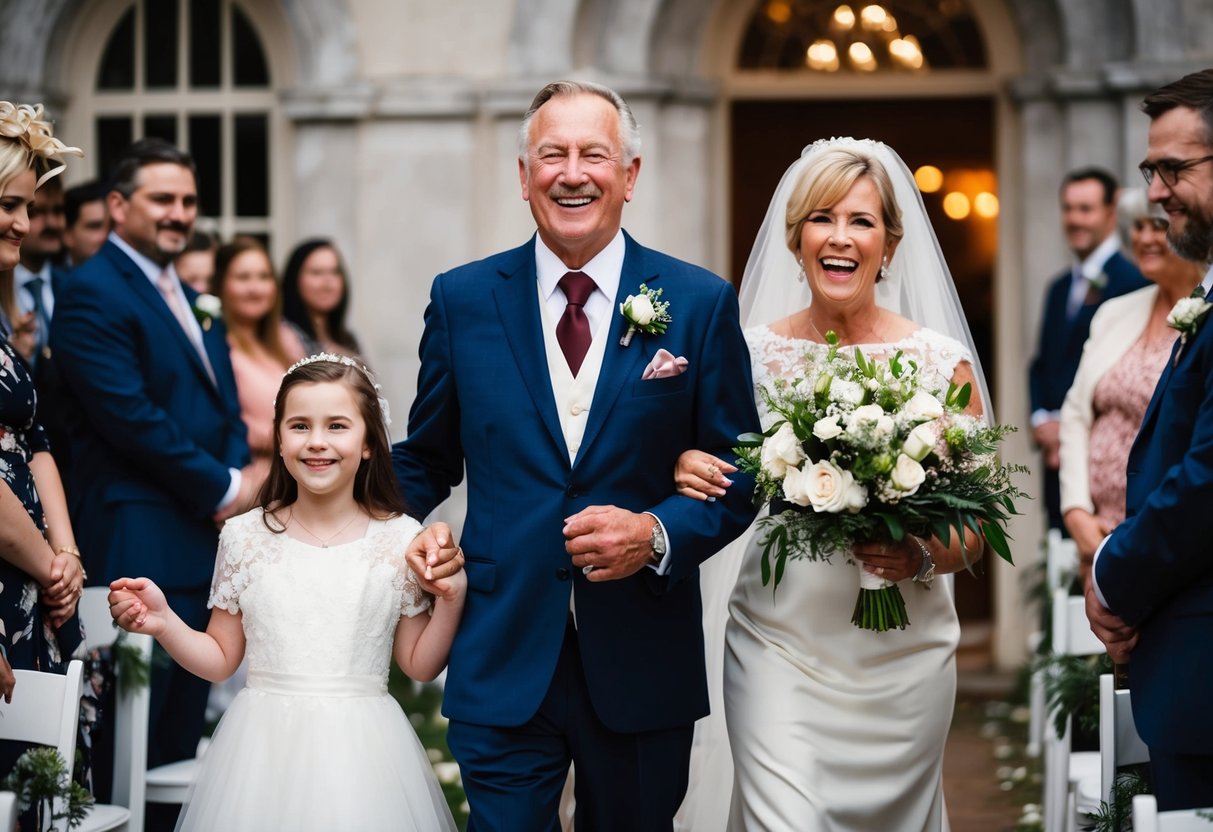 A man in a dapper suit stands proudly next to his daughter, Mary, as she walks down the aisle at her wedding. He beams with joy and emotion