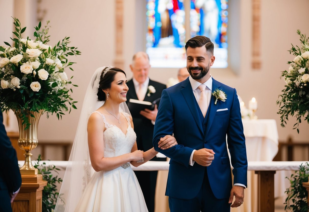 A man in a sharp suit stands proudly next to Mary, the bride, as they exchange vows at the altar
